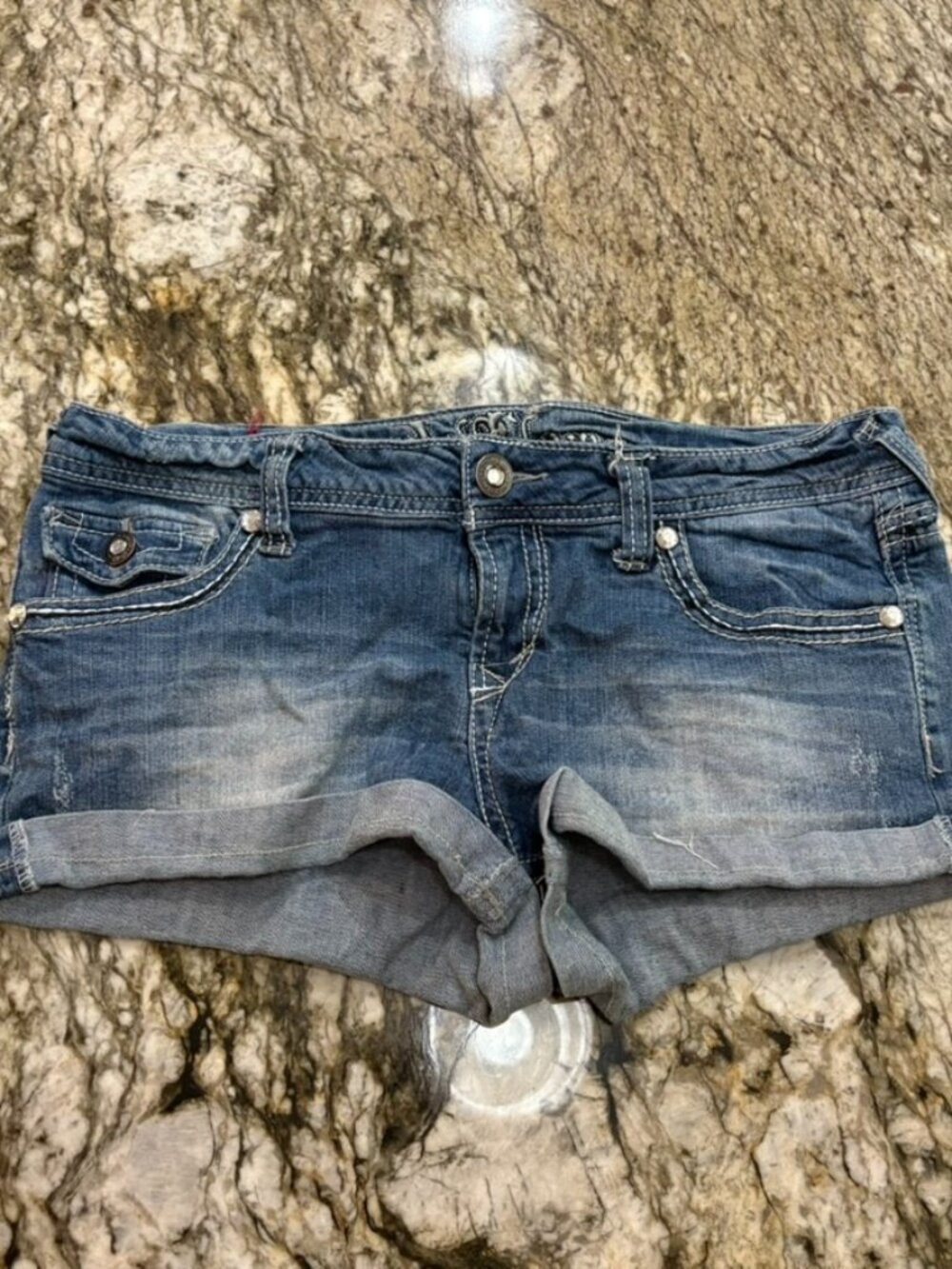 Y2K Wallflower Low Rise Bedazzeled Pocket Denim Shorts
